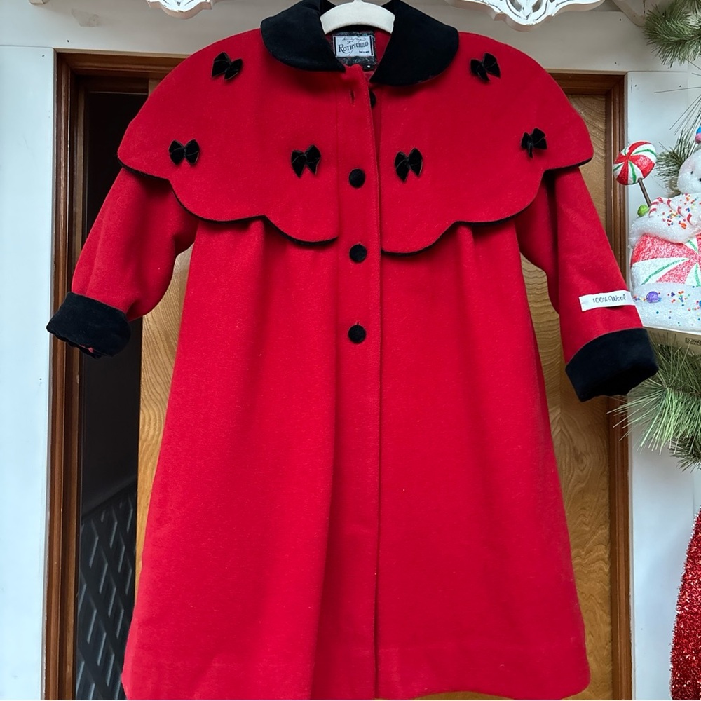 Rothschild Red Childs Pea Coat with Black Bows Vintage